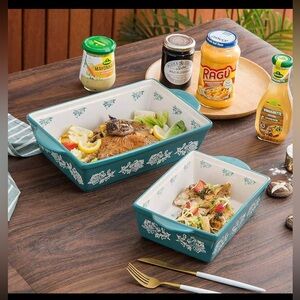 Wisenvoy Blue Green Flower Baking Dish Ceramic 2 Piece Bakeware Set